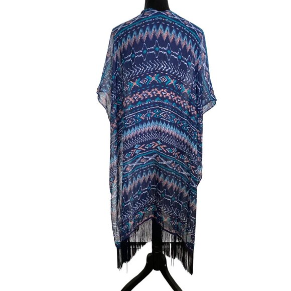 Womens Abstract Tribal Print Kimono Cardigan Wrap With Fringe Boho Fairy Y2K - Picture 3 of 7